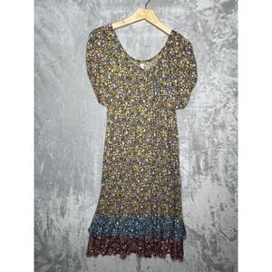 Uncle Frank Shift Dress Womens Large Yellow Floral Puff Sleeve Boho Rayon USA